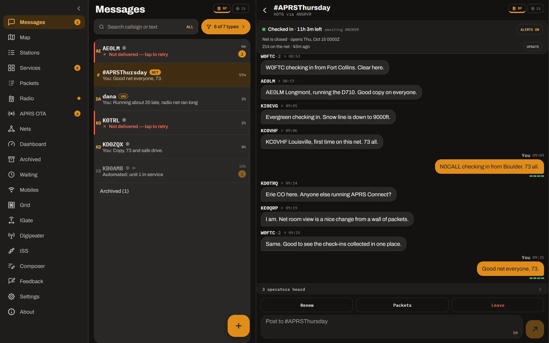 A net in the Linux app: the list of conversations, and beside it the #APRSThursday net as one room, with each check-in in order and a box to post to the net