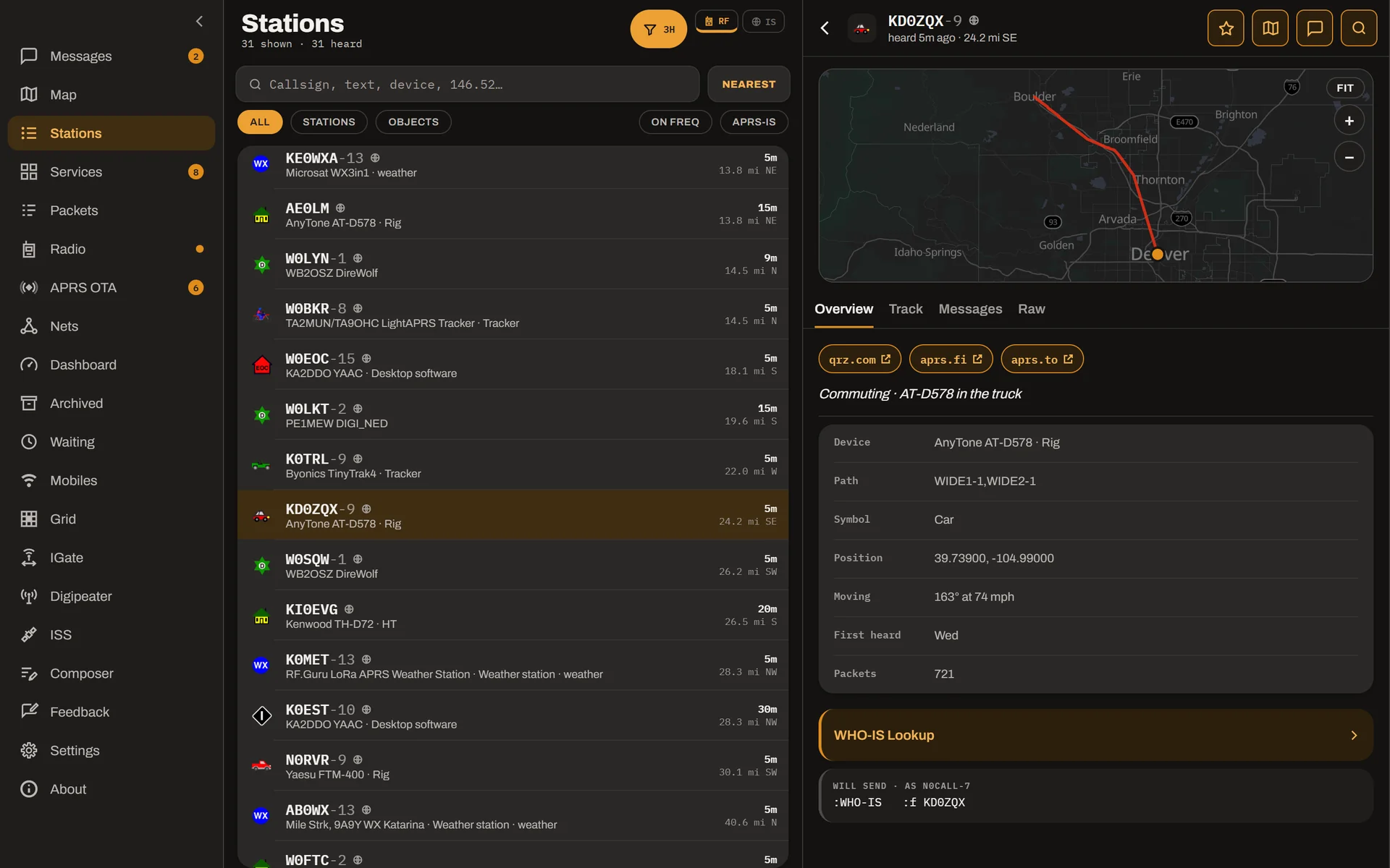 APRS Connect on Linux: the list of stations heard, and beside it the page of one of them, with its track on a map, its device, path, position and speed
