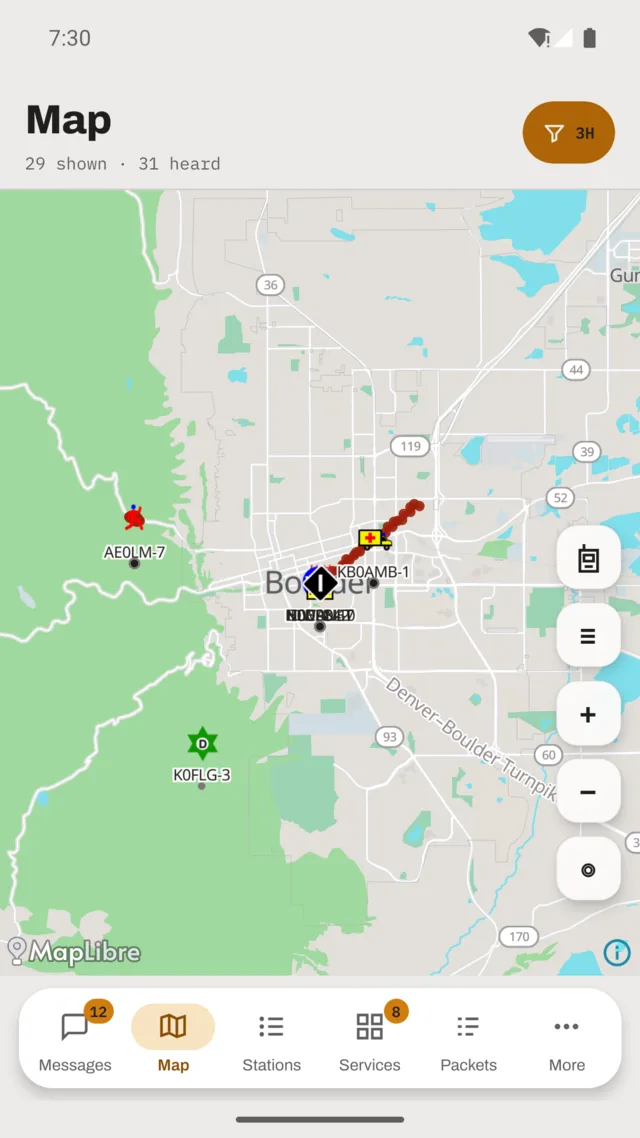 Map screen: stations plotted with APRS symbols on a vector basemap