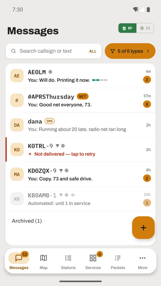Messages screen: a list of conversation threads with delivery state per thread