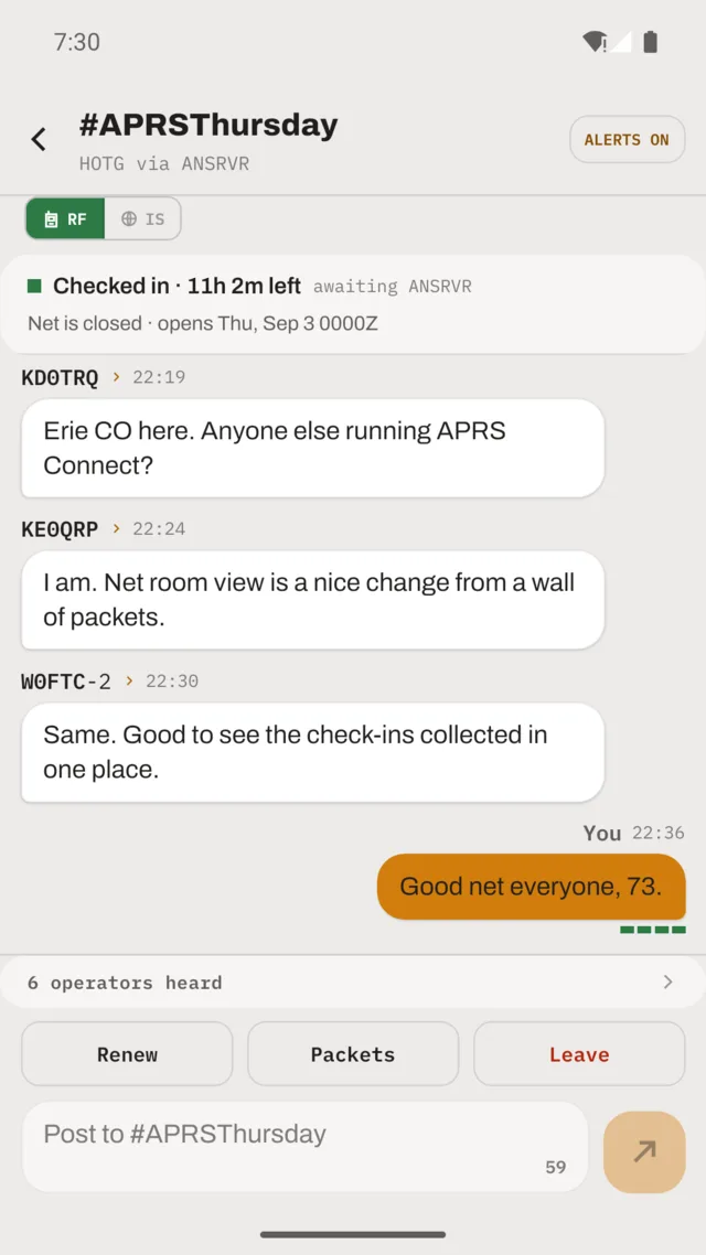 The #APRSThursday net room: check-in status with time remaining, posts from KD0TRQ, KE0QRP and W0FTC-2, a roster row reading 6 operators heard, and Renew, Packets and Leave buttons