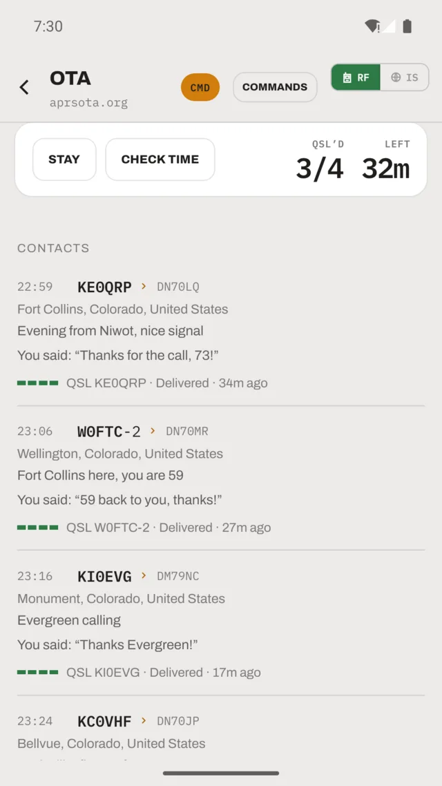 APRS OTA screen: confirmed contacts, time remaining, and the packet to be sent