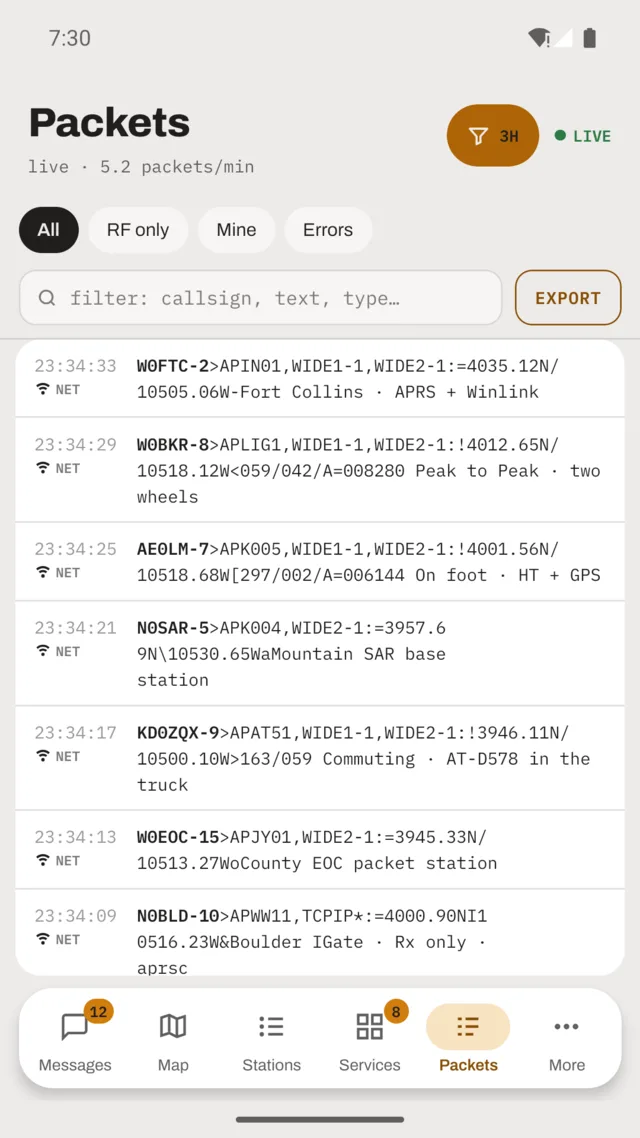 Packets screen: a live decoded packet log with filters