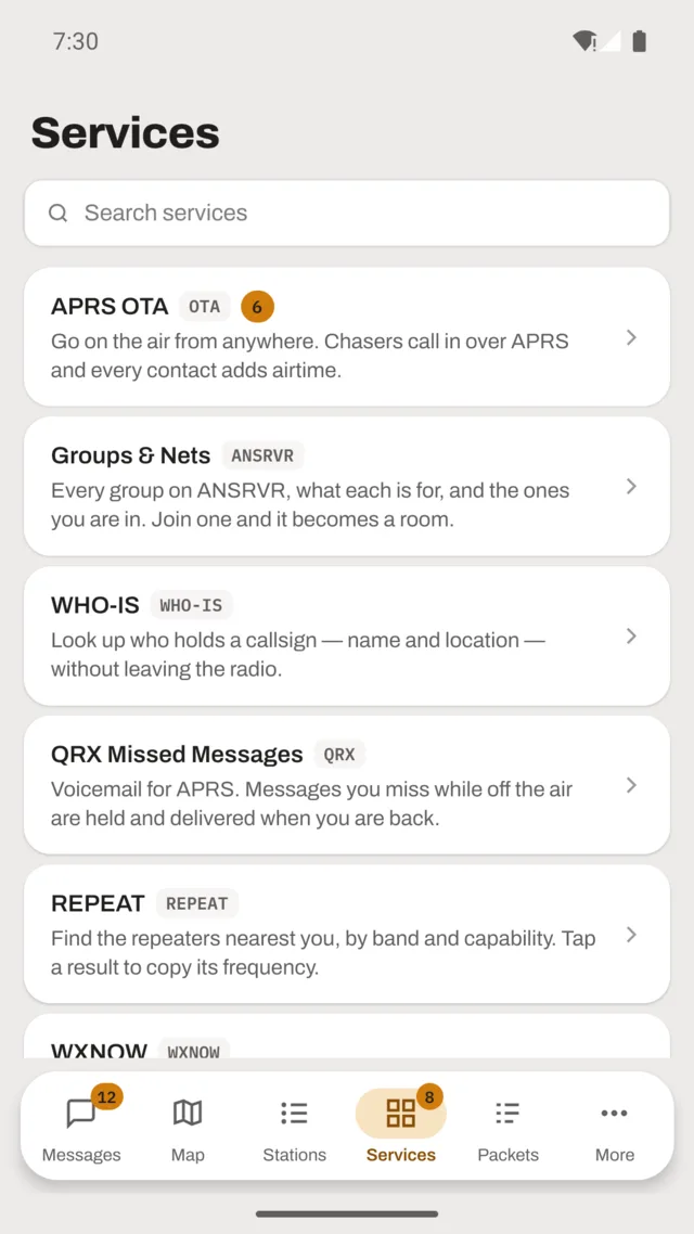 Services screen: a searchable directory of APRS services, one card per service with a description