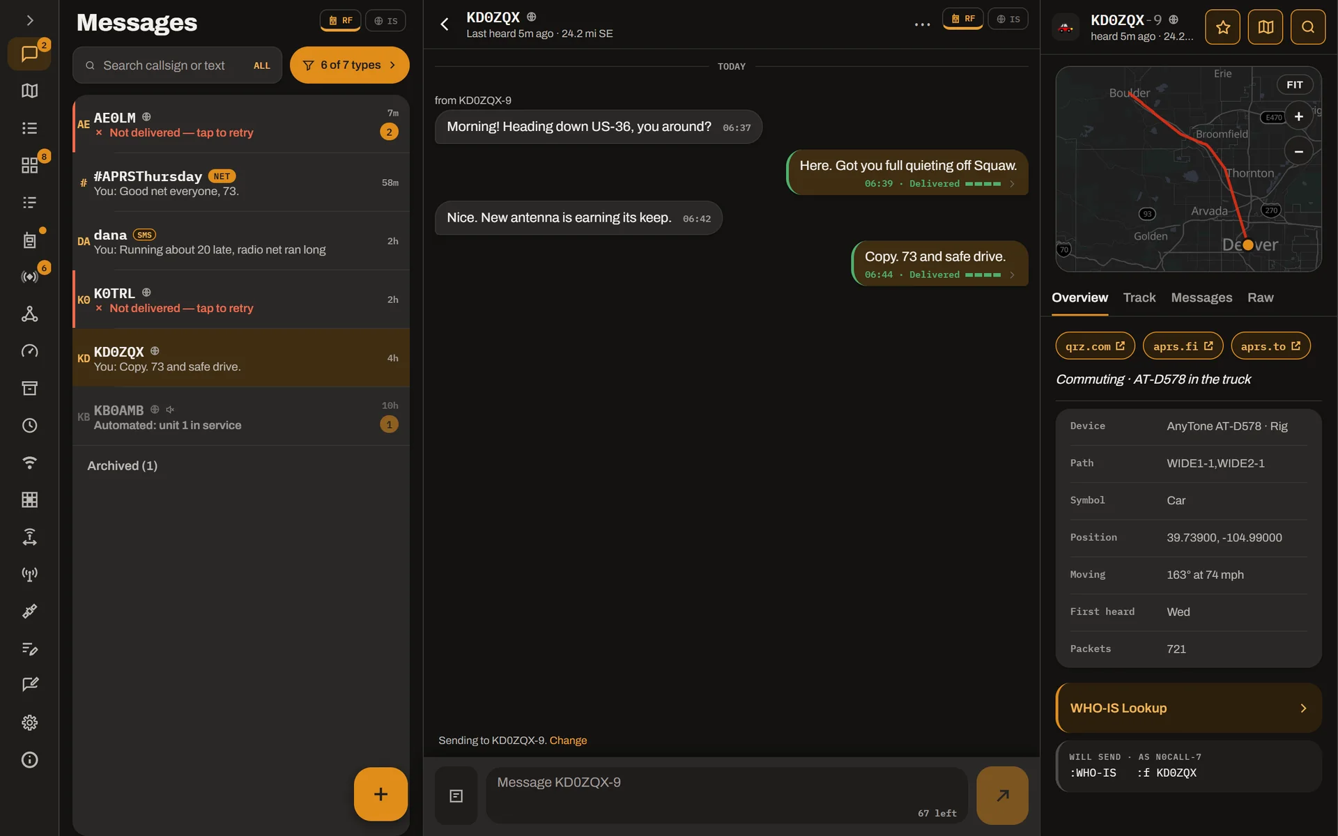 APRS Connect on Windows: the list of conversations, one conversation open with each message marked Delivered, and the page of the station it is with, including its track on a map
