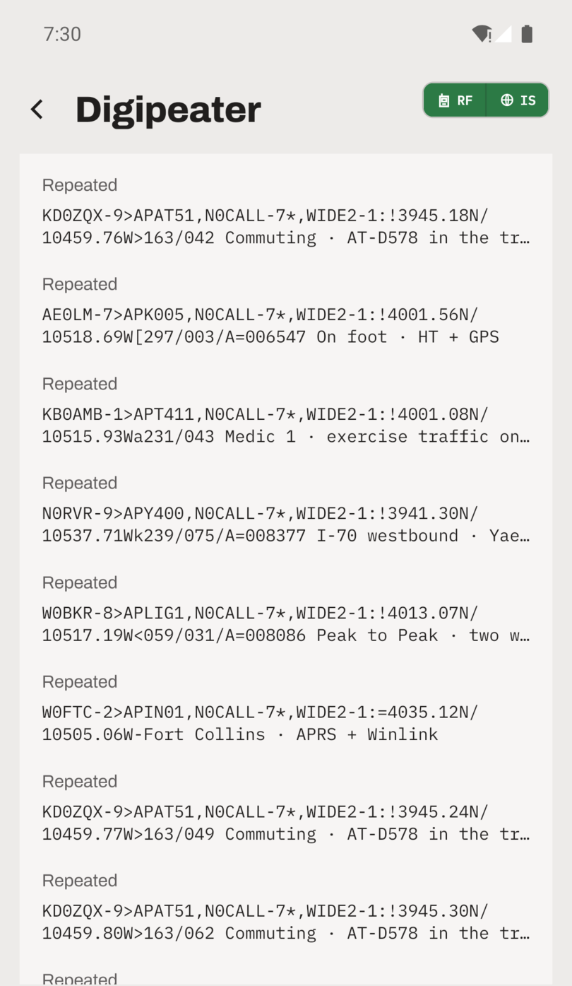 The activity list: each repeated packet, with the operator's own callsign now in its path marked as used.