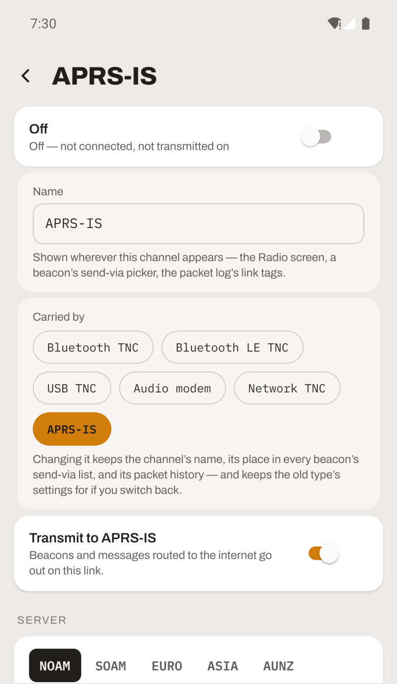 The APRS-IS channel screen in APRS Connect, showing the on/off switch at the top, the channel name, the Carried by type chips with APRS-IS selected, the Transmit to APRS-IS switch, and the server region row with NOAM, SOAM, EURO, ASIA and AUNZ.