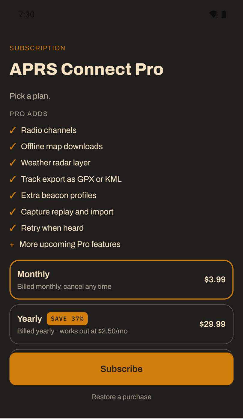 The APRS Connect Pro screen on an Android phone, listing the seven features Pro adds, then a Monthly row at $3.99 and a Yearly row at $29.99, a Subscribe button, and a Restore a purchase link.