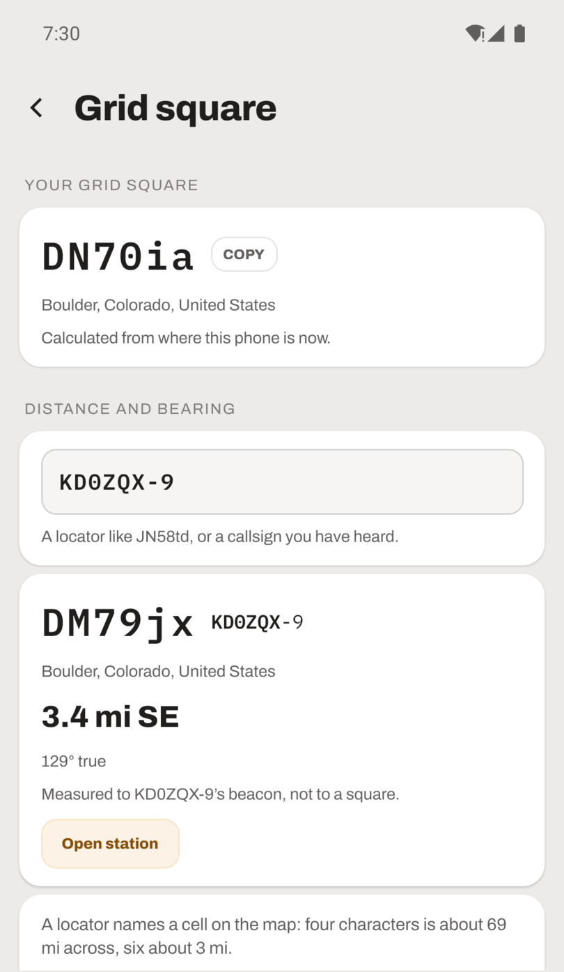 Typing a heard callsign gives its locator, the distance, the compass point and the bearing in degrees true, and says it was measured to the station's own beacon.