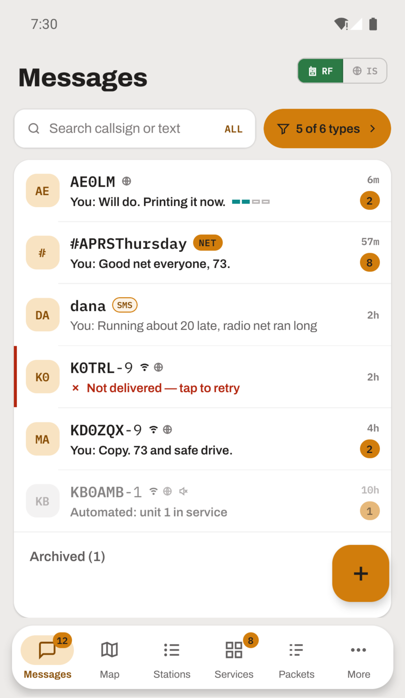 The APRS Connect Messages tab listing threads of several kinds: direct conversations with other stations, a service bot, a bulletin group, an SMS thread and a net room, each showing when the station was last heard.