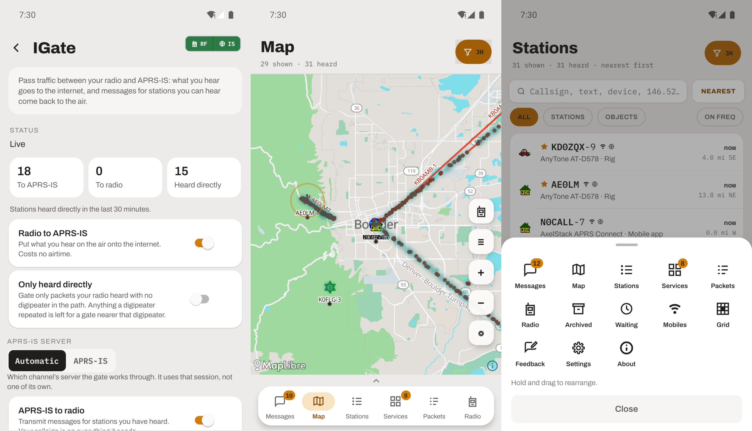 Three of the new screens: the IGate, the coverage layer on the map, and the drawer behind the tab bar.