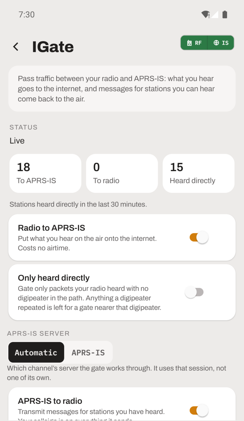 The IGate screen with both directions on: status Live, what it has passed each way, and how many stations are inside the 30-minute heard window.