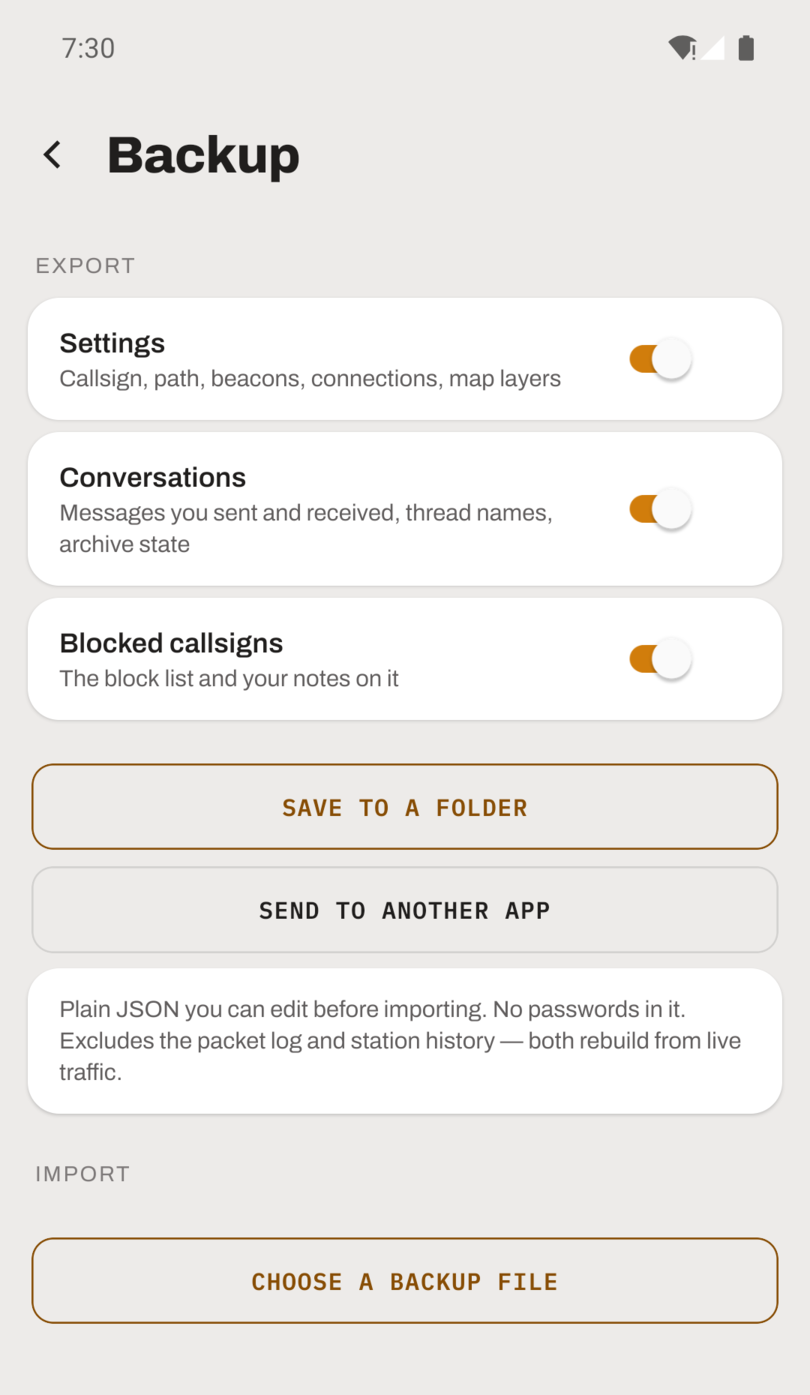 The Backup screen in APRS Connect. An Export section has switches for Settings, Conversations and Blocked callsigns, then buttons labelled SAVE TO A FOLDER and SEND TO ANOTHER APP, and a note that the file is plain JSON. Below it, an Import section has a button labelled CHOOSE A BACKUP FILE.
