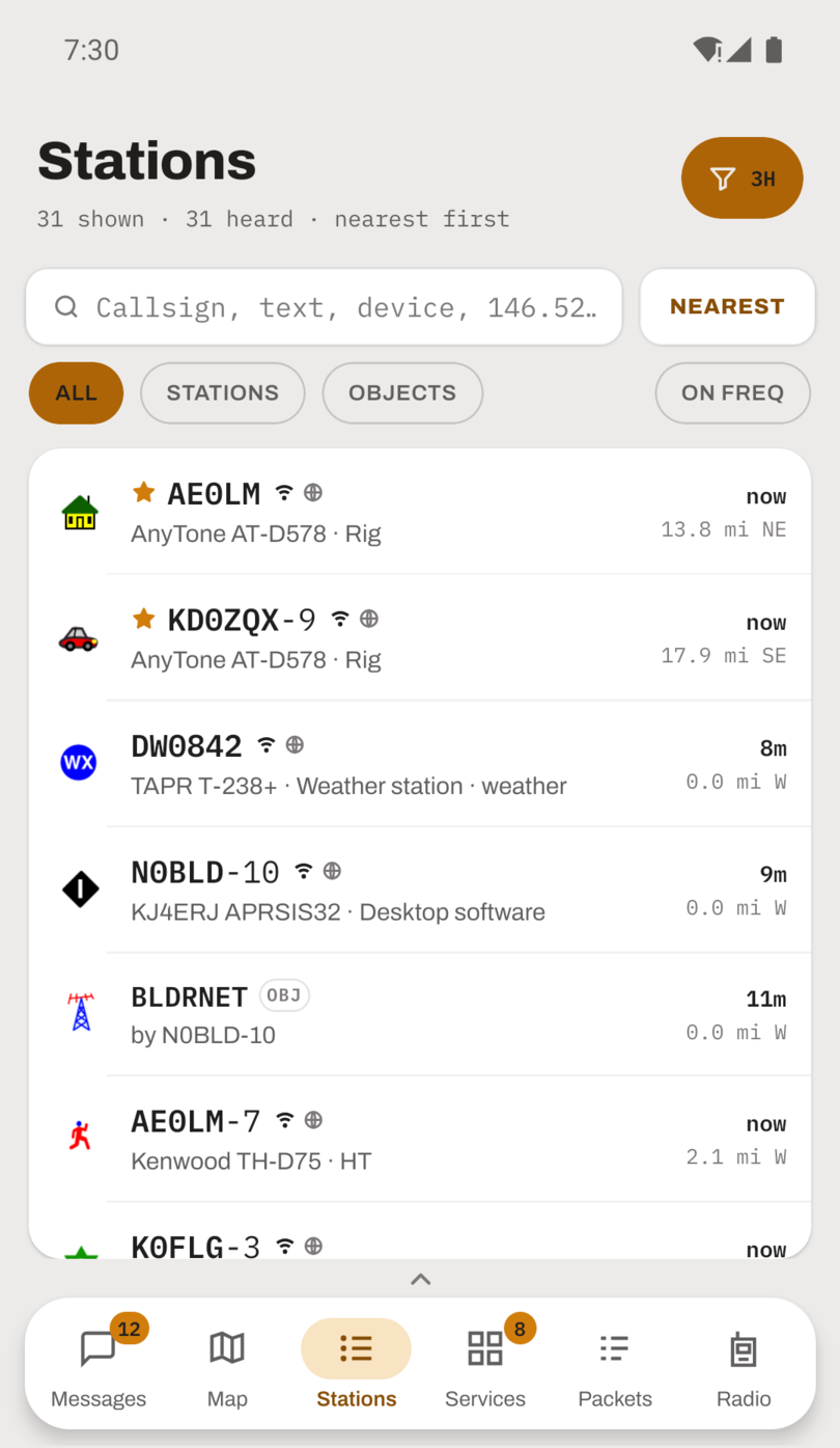 Two pinned stations at the top of the Stations list, each wearing a star, with the rest in nearest-first order below.