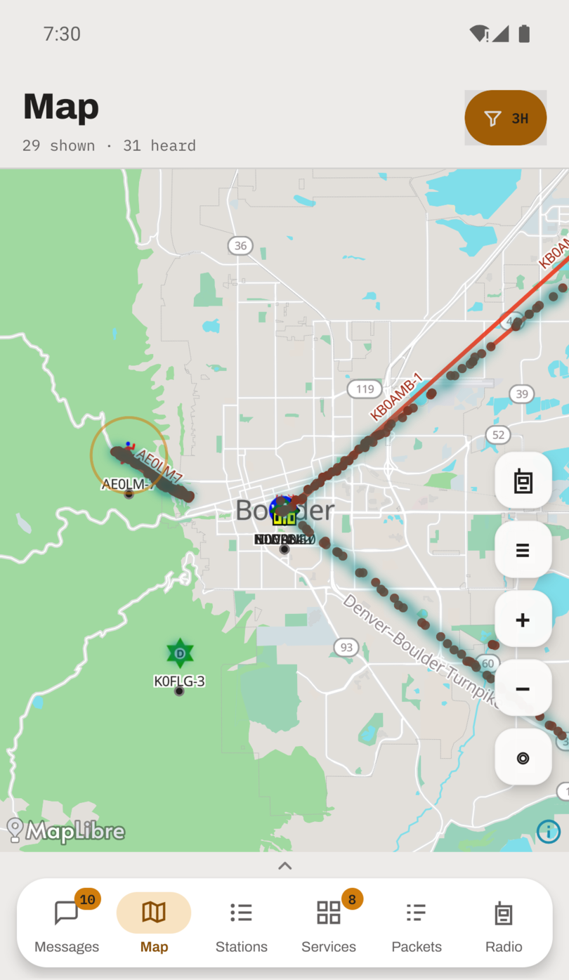 The coverage layer over Boulder: marks along the roads where stations were repeated, and nothing where nobody transmitted.