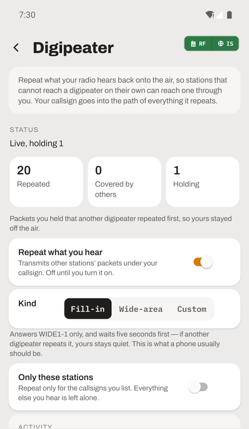 The Digipeater screen running as a fill-in: Repeated, Covered by others and Holding, with the kind chosen as one setting.