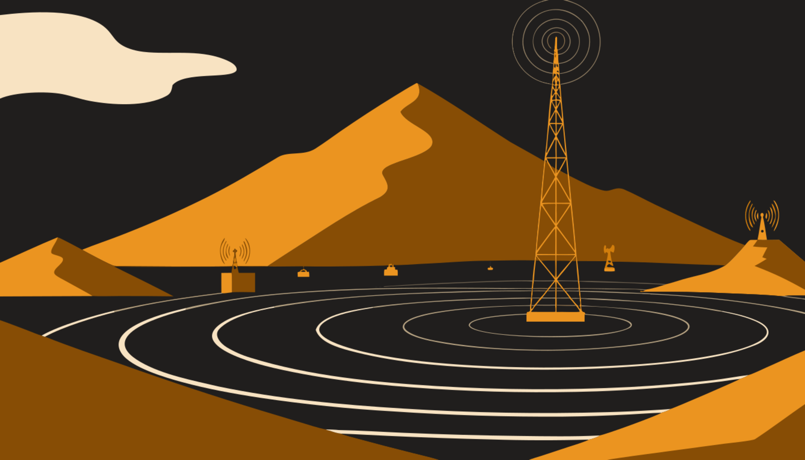 A digipeater on high ground repeats what it hears to everyone below.